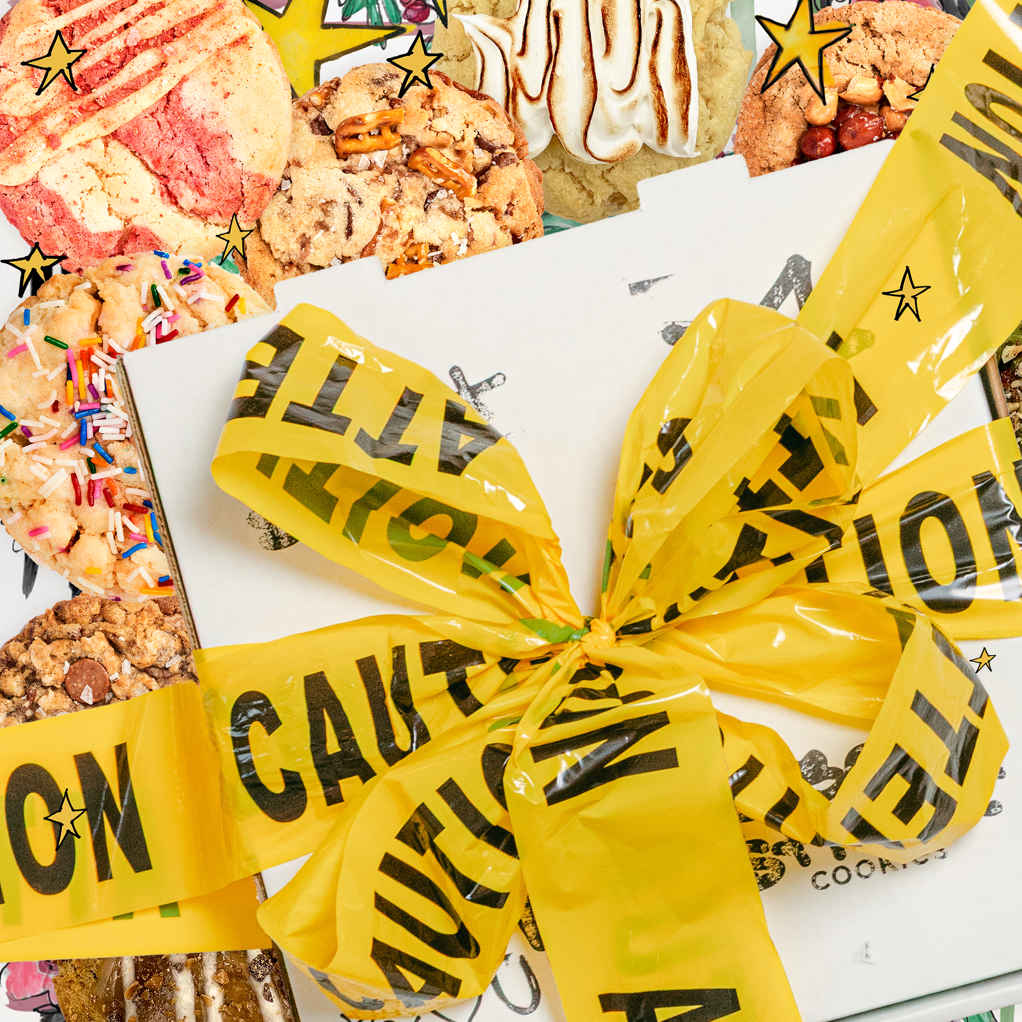 Box of cookies wrapped with caution tape ribbon